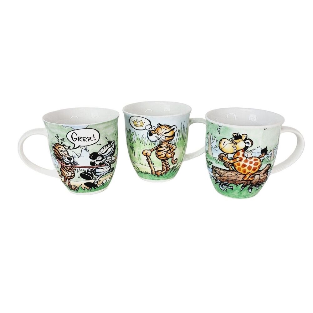 Vintage Enesco NICI Giraffe Tiger Zebra Animation Humor Set of 3 Porcelain Mugs
